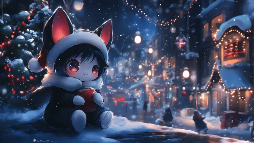 Chibi winter fox avatar in luminous snowfall streetscape.