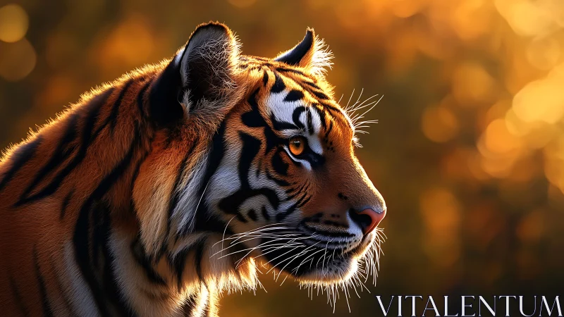 Sunlit tiger profile in warm golden bokeh glow.