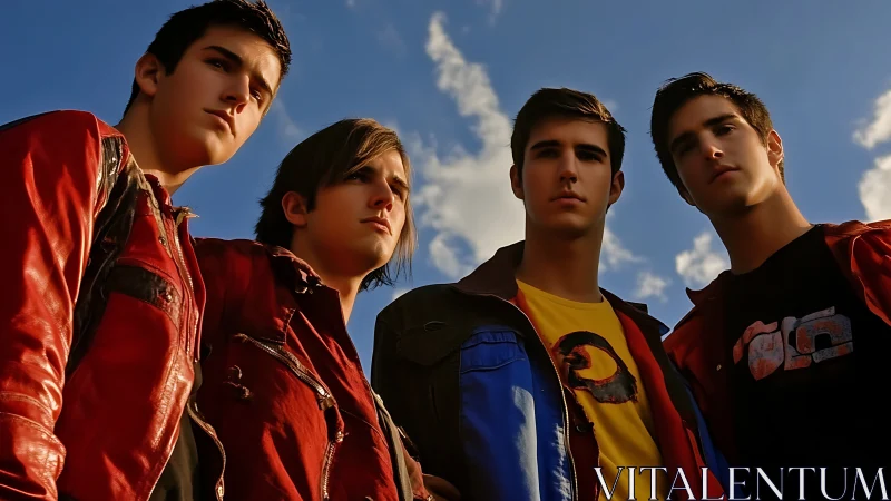Four determined teens stand united under a dramatic sky