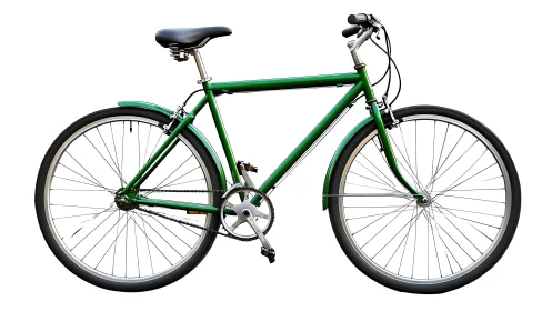 Green hybrid bicycle with black tires on white background.