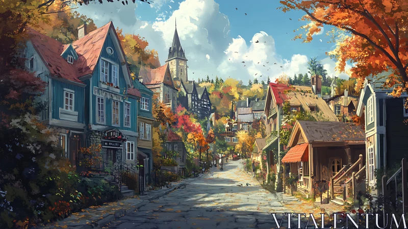 Sunlit autumn village street with colorful hillside homes.