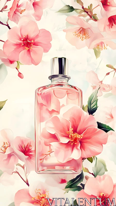 Glass perfume bottle framed by soft pink camellia flowers
