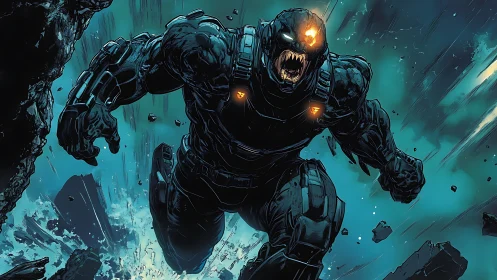 Armored cyber-behemoth in explosive atmospheric descent.