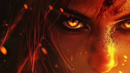 Glowing ember eyes and particle-lit face rendered in fiery detail