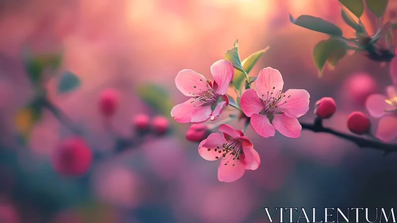 Pink Cherry Blossoms with Selective Focus on Branch Blooms.