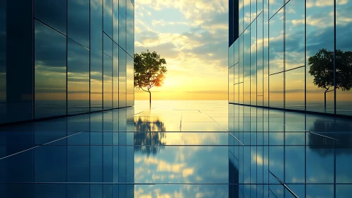 Modern glass corridor with distant trees reflected on polished floor surface.