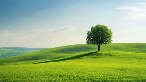 Single deciduous tree stands on gently sloping grass hill