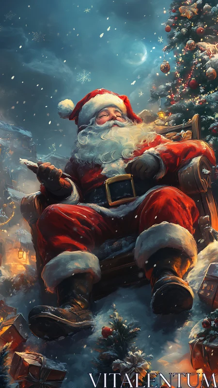 Santa Claus rests in snowfall beside glowing Christmas tree.