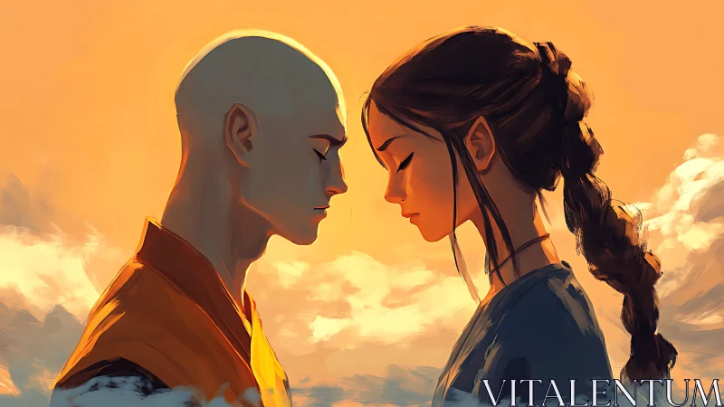 Two Figures Face Golden Sunset Sky. Connection.