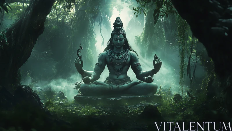 Mythic yogic deity rendered in bioluminescent forest chiaroscuro.