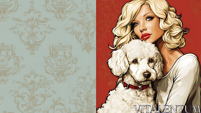 Glamorous blonde and fluffy pup against baroque whispers.