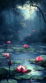 Moonlit jungle lilies drifting through a quiet, enchanted pool.