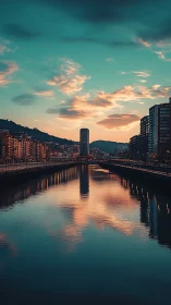 Twilight river mirror slicing through a city of quiet fire.