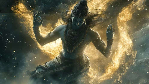 Digital figure in dynamic pose is framed by swirling flames