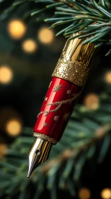 Red lacquer fountain pen with gold festive detailing.