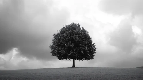 Solitary deciduous tree anchors minimalist grayscale landscape
