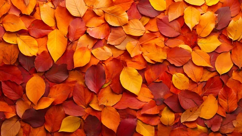 Sunlit carpet of cozy orange and red autumn leaves.