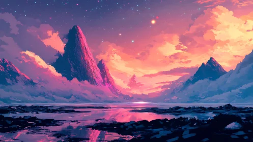 Neon twilight mountains over reflective alien shoreline.