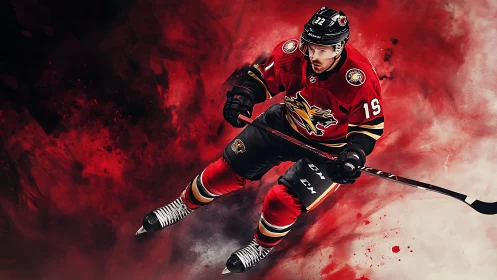 Ice hockey player in red uniform skating through red smoke