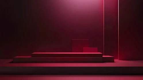 Crimson geometry stage glows in sculpted minimalist silence.