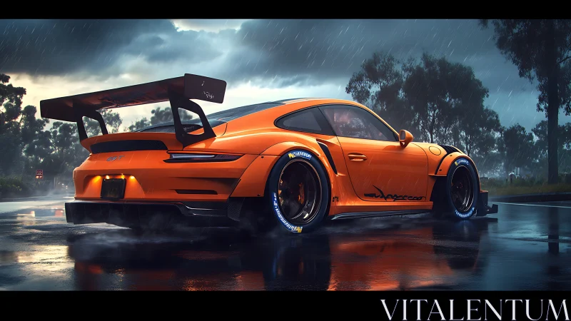 Orange widebody GT sports car in cinematic rain scene.