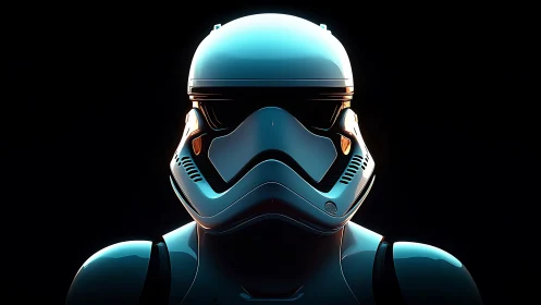 Luminescent sci-fi trooper helmet under dramatic rim light.
