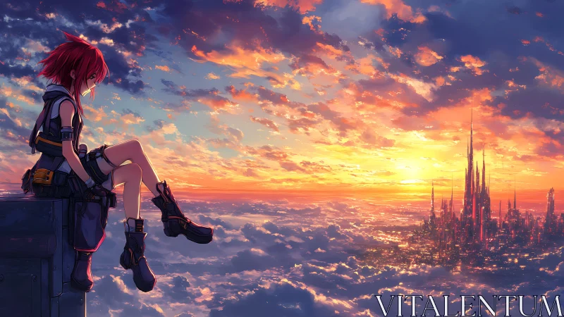 Red haired anime traveler surveys luminous cloud city at sunset