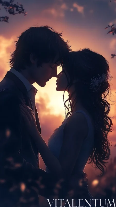 Silhouetted pair with backlighting creates glowing rim illumination at dusk