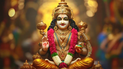 Radiant Hindu deity idol crowned in garlands and molten gold.