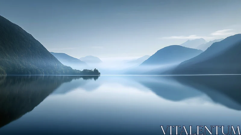 Serene alpine lake mirrors misty blue mountains in dawn light