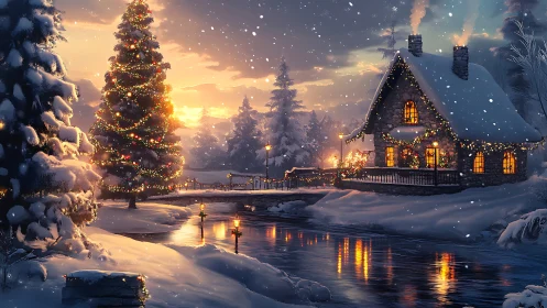 Snowy cottage glows beside decorated Christmas tree at dusk
