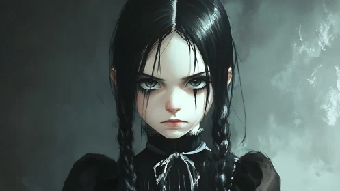 Storm-eyed gothic girl with braids and unblinking resolve.