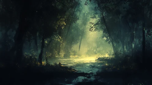 Ethereal forest sanctuary bathed in golden light rays.