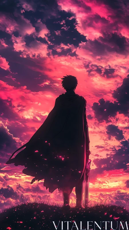 Lone hero quietly greets a blazing pink and gold sky