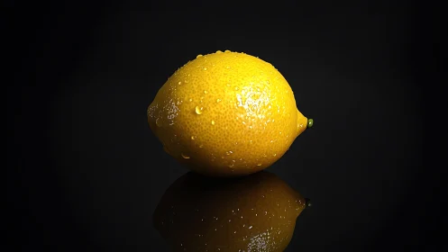 Single whole lemon on reflective black surface.