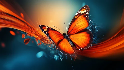 Luminous orange butterfly intersecting fluid neon ribbons.