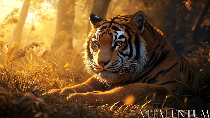 Golden forest tiger resting in gentle evening sunlight.