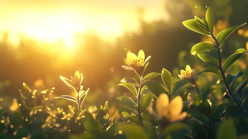 Digital painting of sunlit wildflowers in shallow focus field.