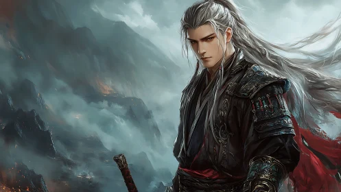 Storm-clad wuxia warlord in volcanic ridge atmosphere.