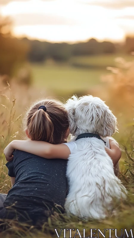 Young girl embracing fluffy white dog in golden hour field.