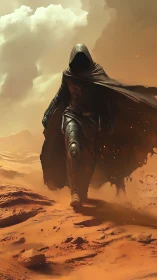 Hooded wanderer strides through ember dust on stormborn dunes.
