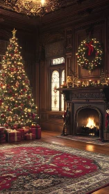 Velvet-parlor Christmas glow with fireside story hush.