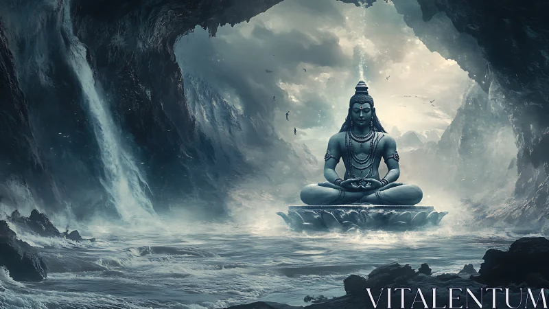 Mythic meditative deity amid turbulent cavernous seascape.