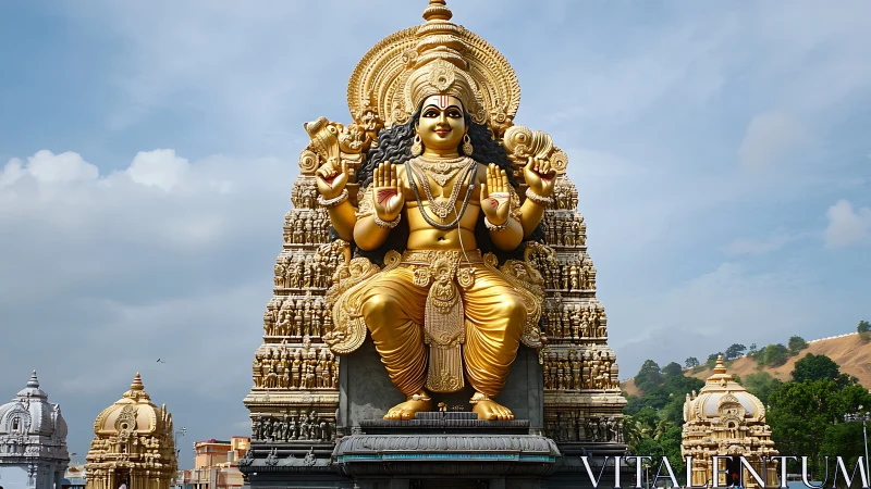 Monumental golden deity sculpture in symmetrical temple gopuram.