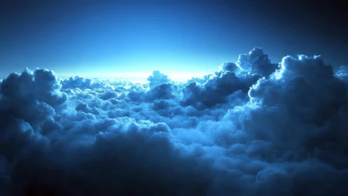 Luminous blue storm clouds roll toward a distant horizon