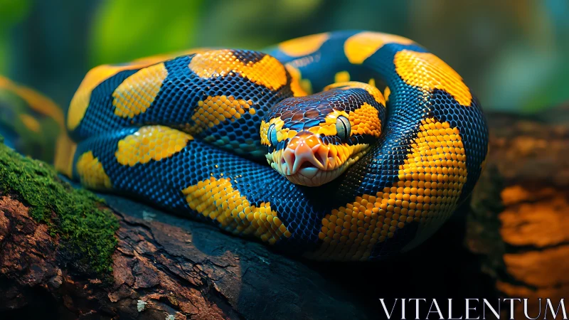 Coiled snake with bright yellow and blue scales rests on log