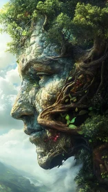 Stone face mountain merges with dense trees and twisted roots