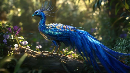 Majestic Blue Fantasy Bird in Sunlit Enchanted Forest Scene.