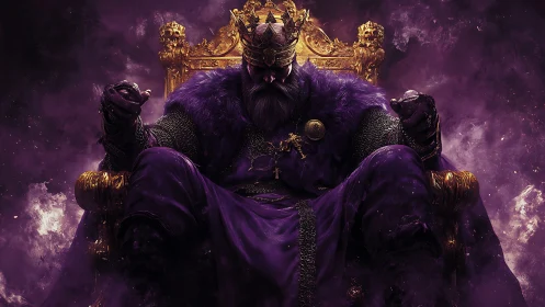Dark king in purple regalia broods on a blazing golden throne