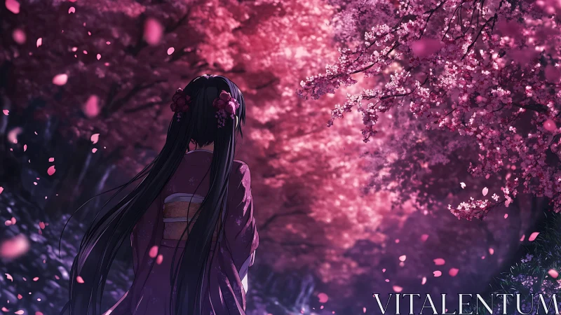 Girl in kimono walks beneath glowing cherry blossoms at dusk